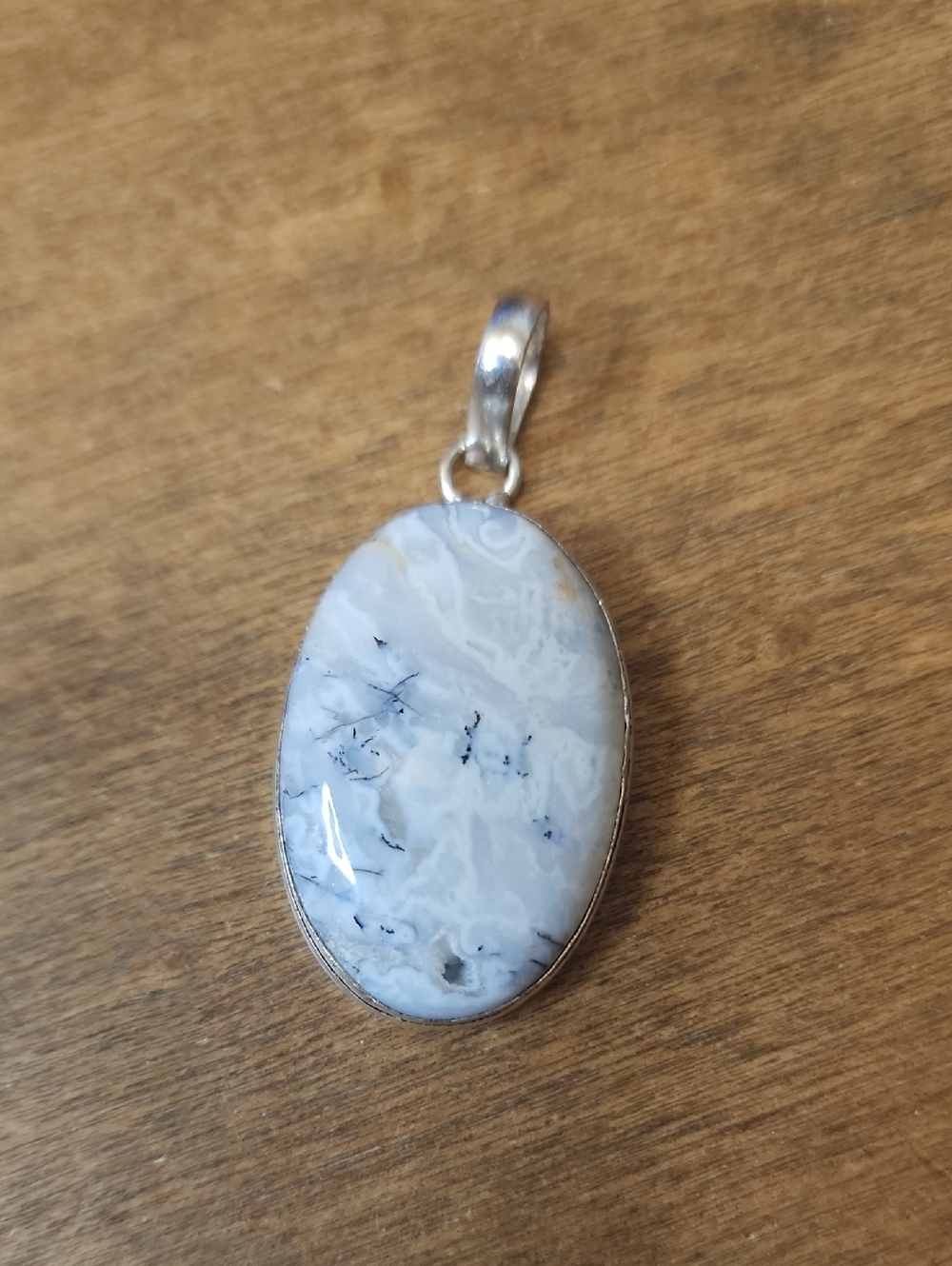 White Dendritic Opal Oval Pendant Necklace -
